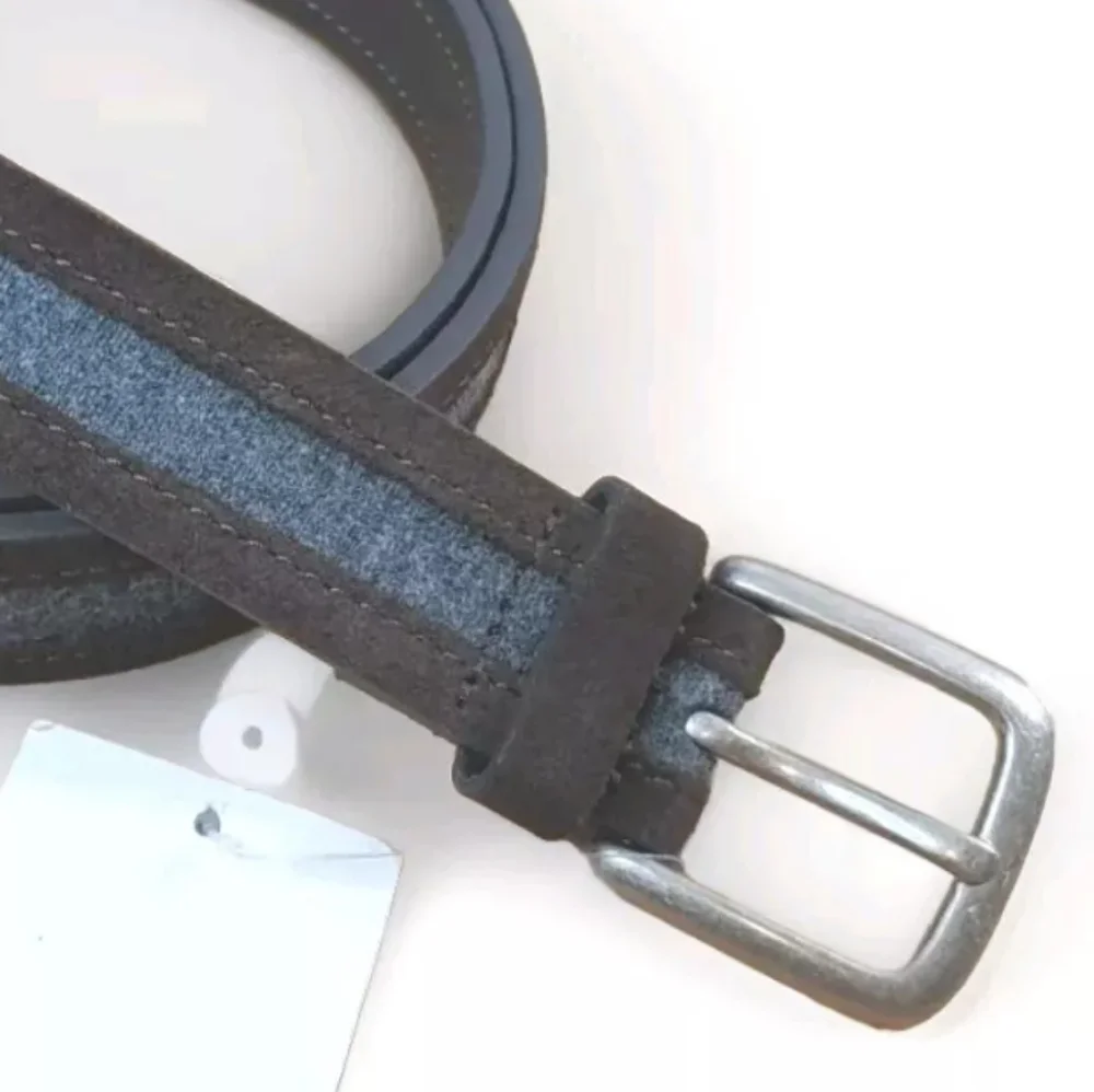Bespoke Brown Leather Belt Grey Inlay Two Tone Men 40 Square Silver Buckle Nwt
